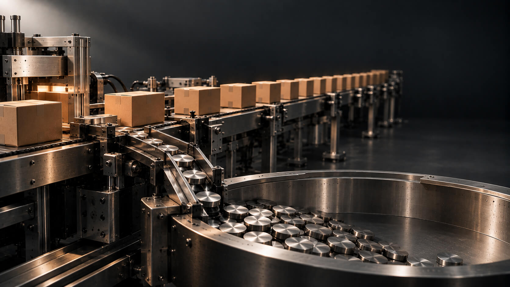 Production line output increasing while a finite reservoir of metal discs thins, illustrating revenue growing but cash flow getting worse