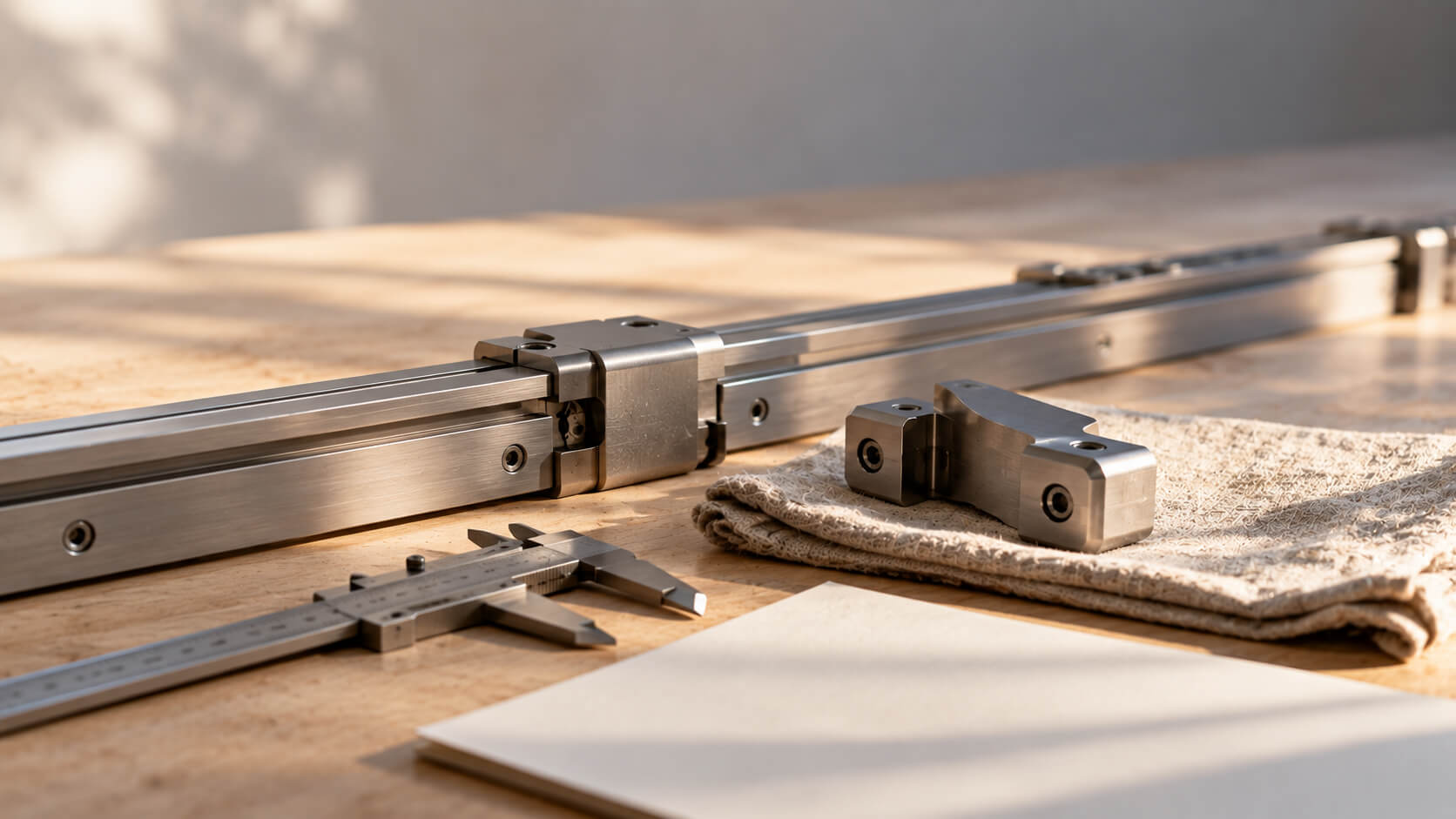 Deciding when to change marketing agencies: a steel track with its connector joint in place, an alternative connector and an open caliper resting beside it on linen
